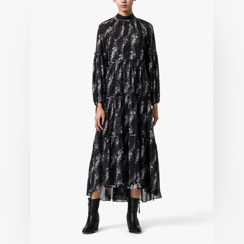 AllSaints | Eimear Cultiver Tiered Flowers Maxi Dress, Black Size US 10 - Picture 1 of 12